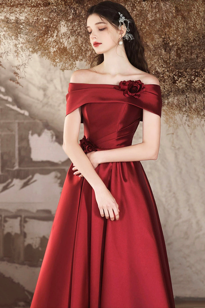 Luolandi Burgundy Satin Long Prom Dress Beautiful Off the Shoulder A-Line Evening Party Dress With Flowers