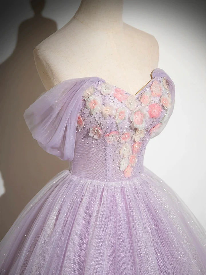 Luolandi Lilac Tulle Long Fairy Flower Prom Dress Beautiful A-Line Graduation Evening Dress Sweet 16 Dress With Flowers