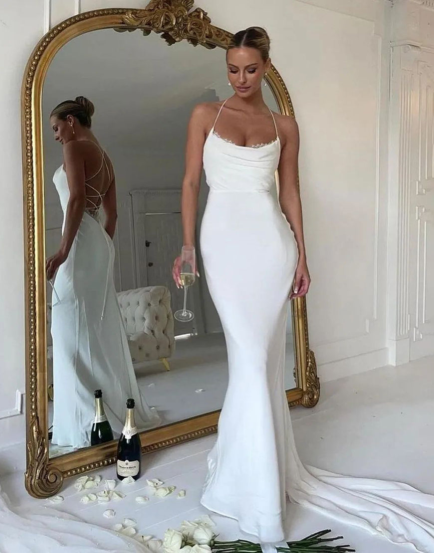 Luolandi Ivory Mermaid Cowl Neck Simple Sweep Train Wedding Dress Floor Length Pure Color