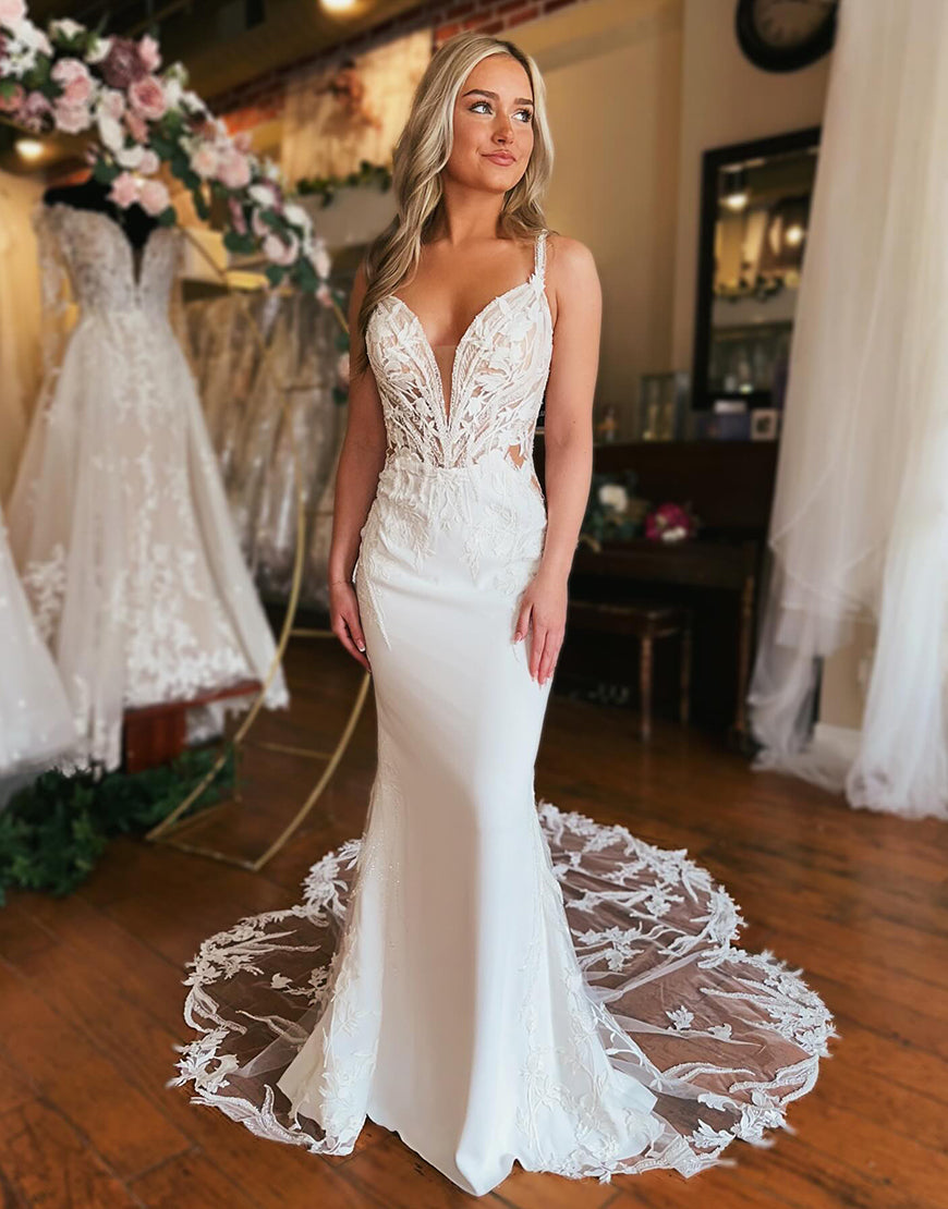 Luolandi Ivory Mermaid V Neck Satin Wedding Dresses with Appliques Sexy Beautiful