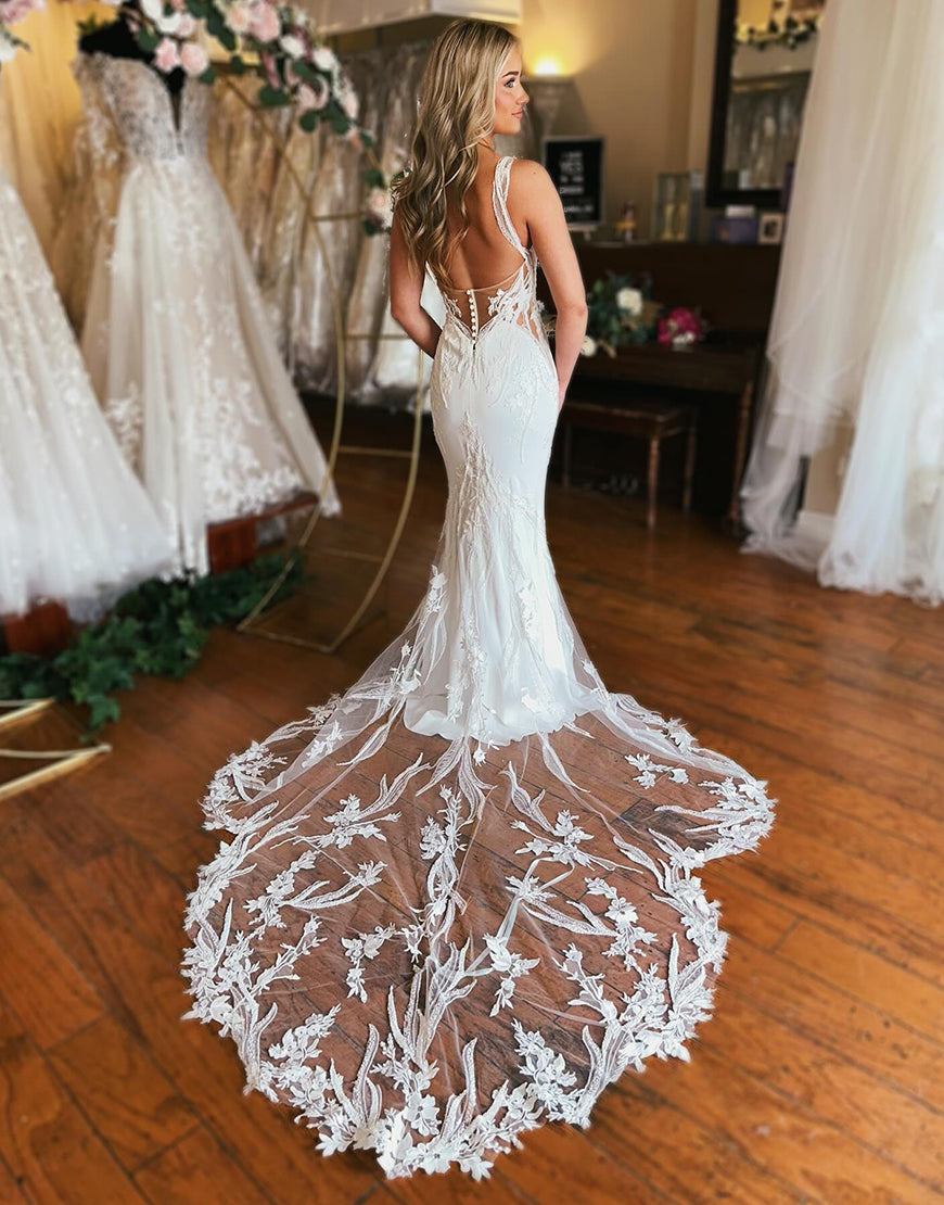 Luolandi Ivory Mermaid V Neck Satin Wedding Dresses with Appliques Sexy Beautiful