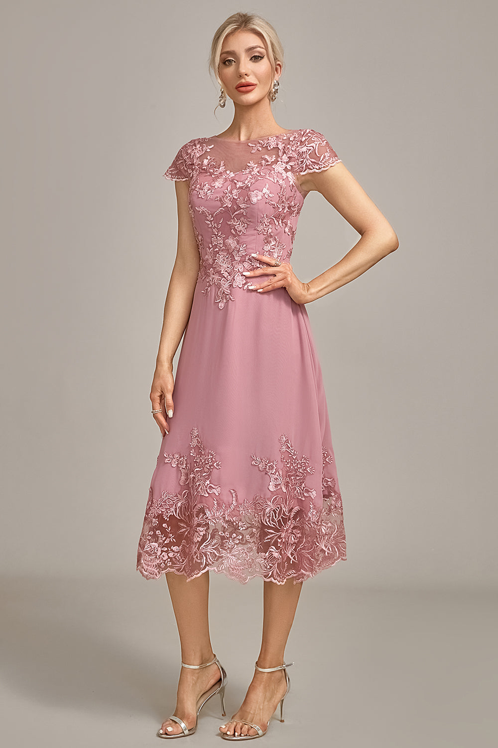 Luolandi A-Line Tea-Length Mother of the Bride Dress With Sequins Short Sleeve