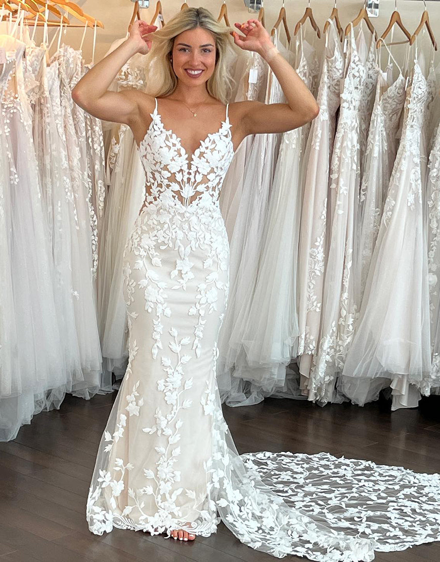 Luolandi Mermaid Spaghetti Straps Backless Sweep Train Wedding Dress V-neck Sexy