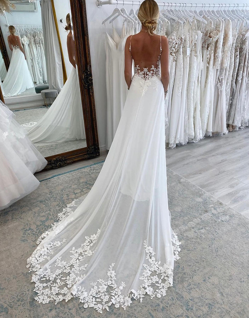 Luolandi Spaghetti-Straps Open Back Wedding Dress Sleeveless With Appliques V-neck Sexy