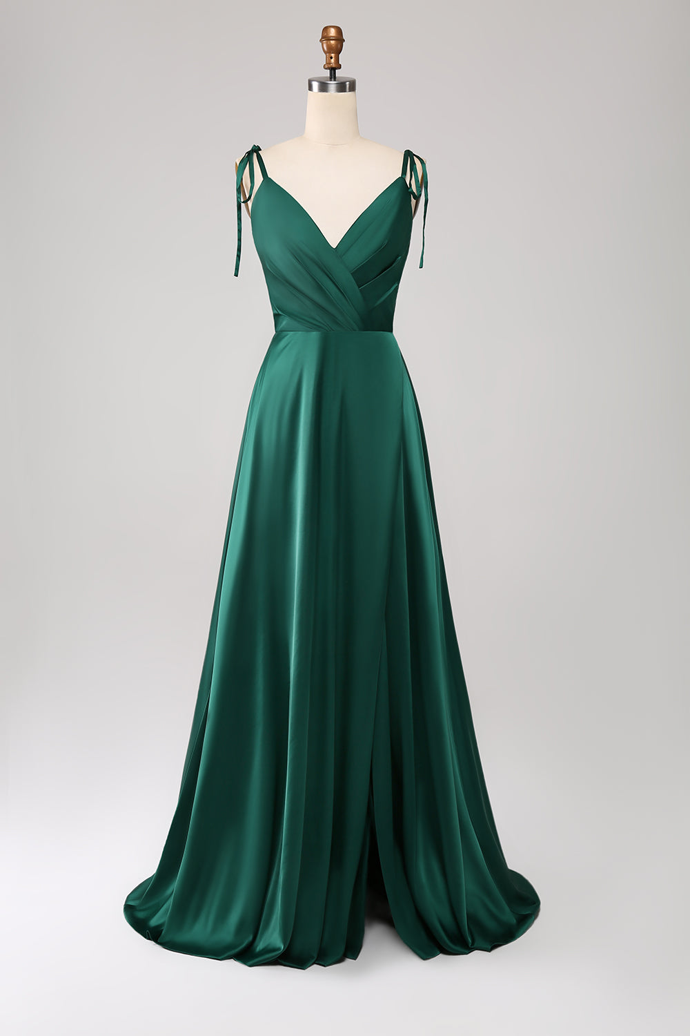 Luolandi A-Line Spaghetti Straps Pleated Satin Long Dark Green Maxi Dress With Slit Party Dresses