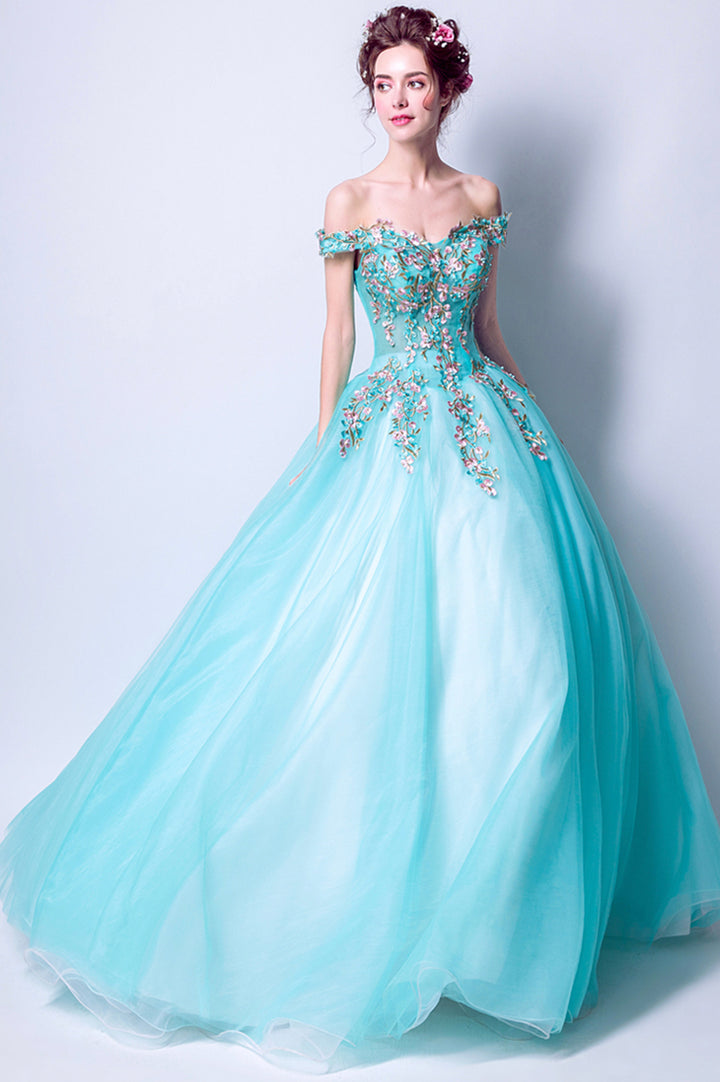 Luolandi Blue Tulle Lace Long Prom Dresses A-Line Off the Shoulder Evening Dresses With Flowers