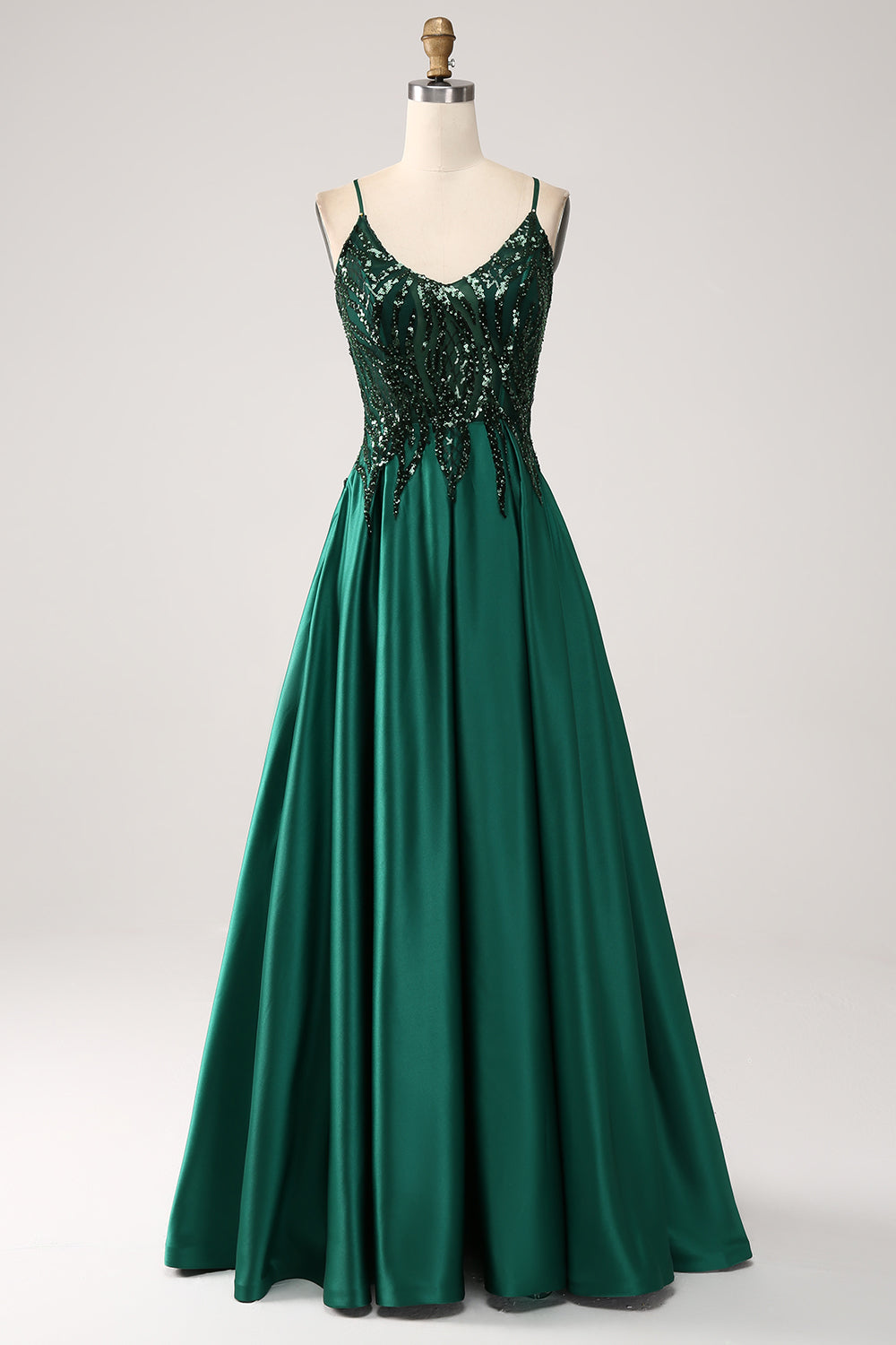Luolandi Sparkly Dark Green A-Line Spaghetti Straps Long Prom Dress With Sequins Floor Length