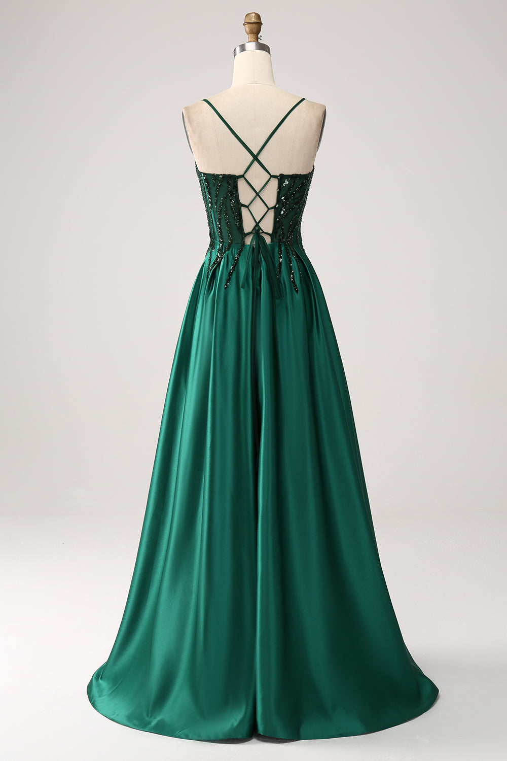 Luolandi Sparkly Dark Green A-Line Spaghetti Straps Long Prom Dress With Sequins Floor Length