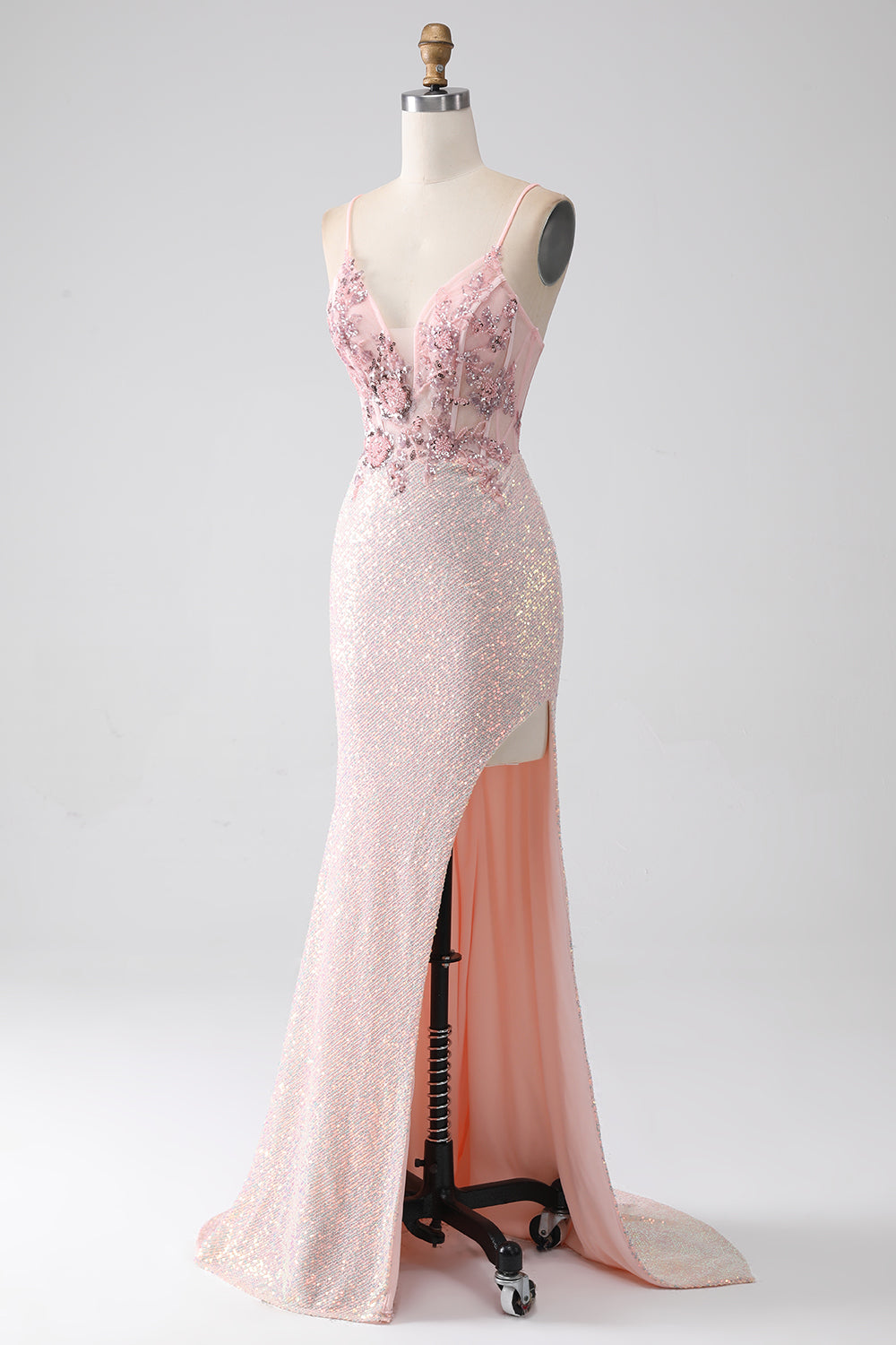 Luolandi Glitter Pink Mermaid Spaghetti Straps Beaded Prom Dress with Slit Sexy Evening Dresses