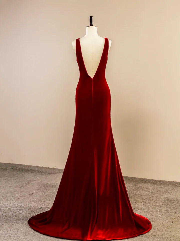 Luolandi Burgundy V-Neck Velvet Long Prom Dress Simple Mermaid Backless Evening Dress Sexy
