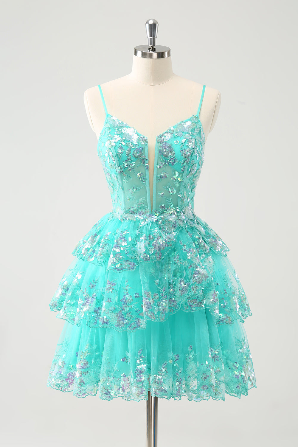 Luolandi Cute Sparkly Green A Line Spaghetti Straps Corset Tiered Short Homecoming Dress Sexy
