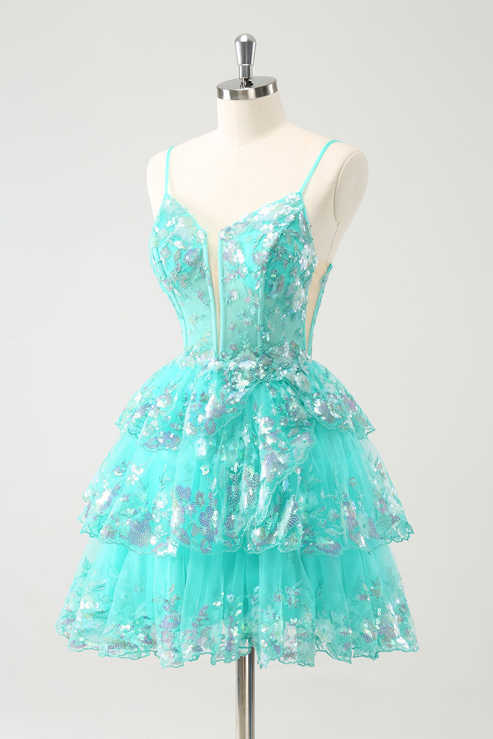 Luolandi Cute Sparkly Green A Line Spaghetti Straps Corset Tiered Short Homecoming Dress Sexy