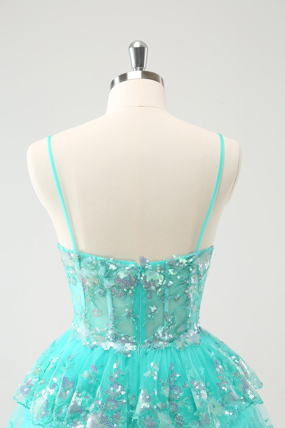 Luolandi Cute Sparkly Green A Line Spaghetti Straps Corset Tiered Short Homecoming Dress Sexy