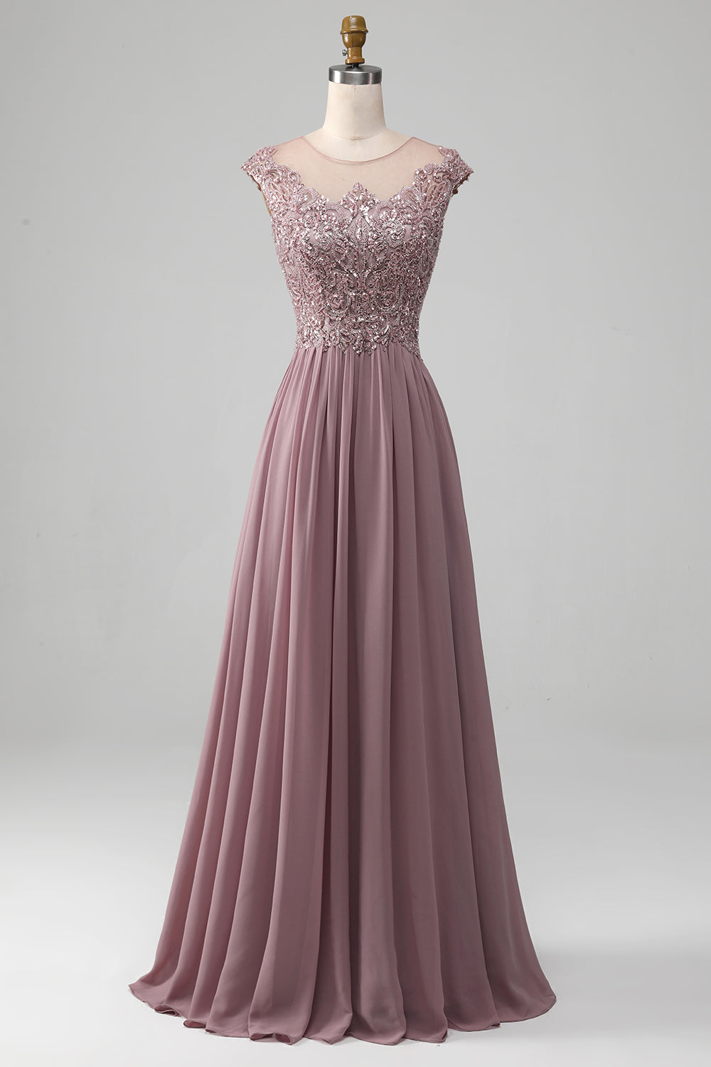 Luolandi Dress Elegant A-Line Round Neck Pleated Long Prom Dress With Beading Floor Length
