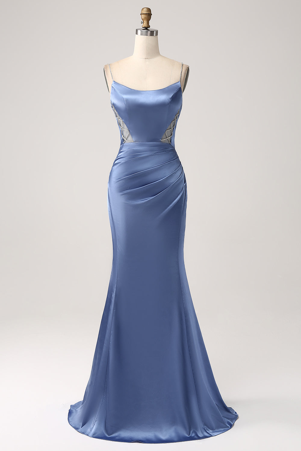 Luolandi Blue Mermaid Spaghetti Straps Cut Out Satin Long Prom Dress Evening Dresses