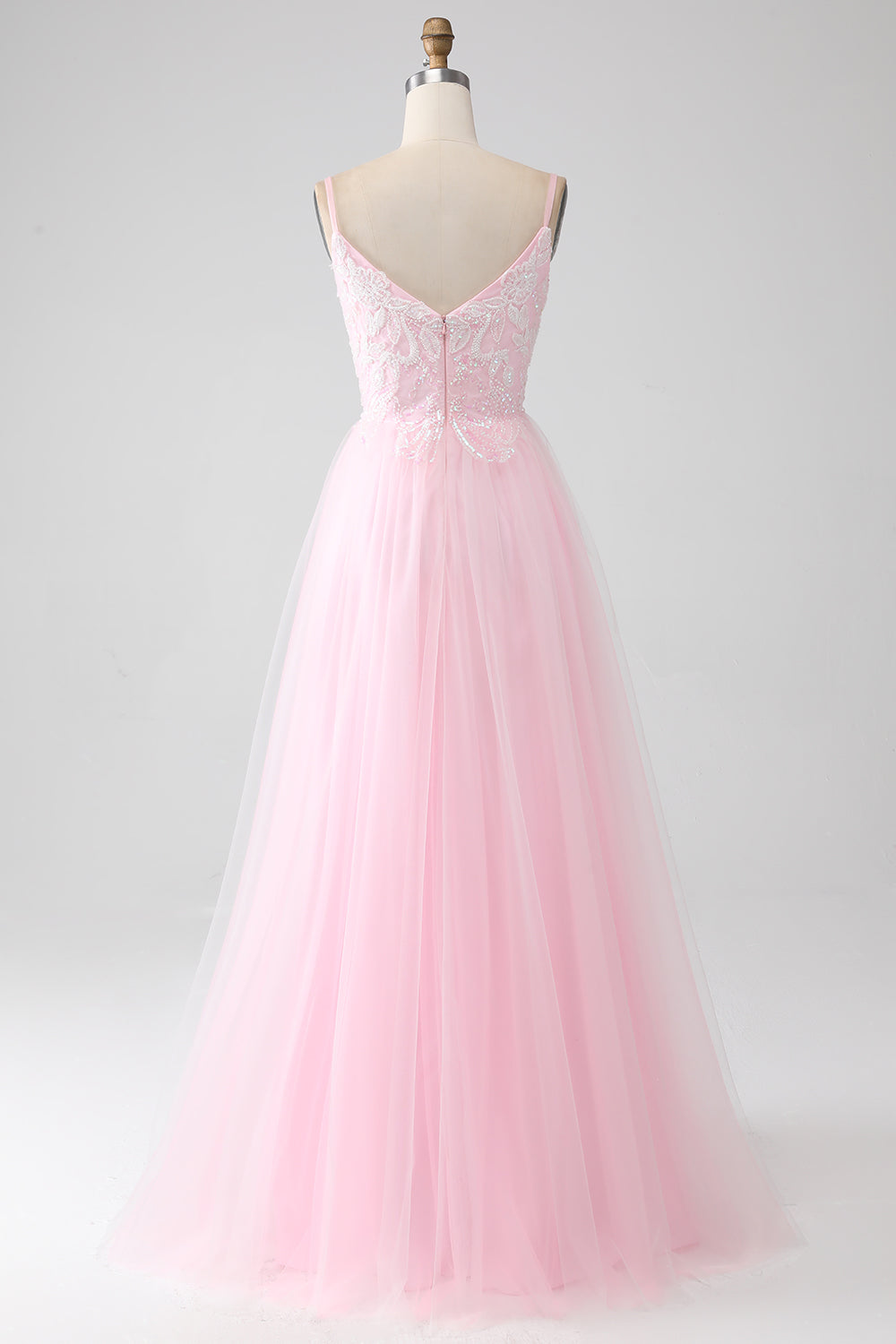 Luolandi Light Pink A-Line Spaghetti Straps Sequins Prom Dress with Beading V-neck Floor Length