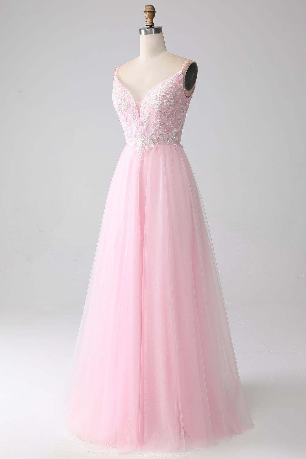 Luolandi Light Pink A-Line Spaghetti Straps Sequins Prom Dress with Beading V-neck Floor Length