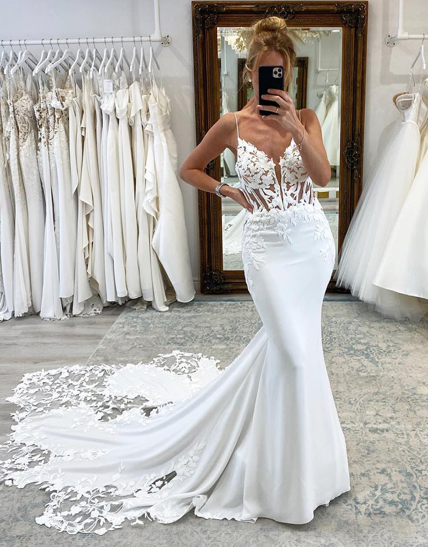 Luolandi Sexy Deep V-neck Spaghetti Straps Wedding Dresses With Lace Applique Beautiful