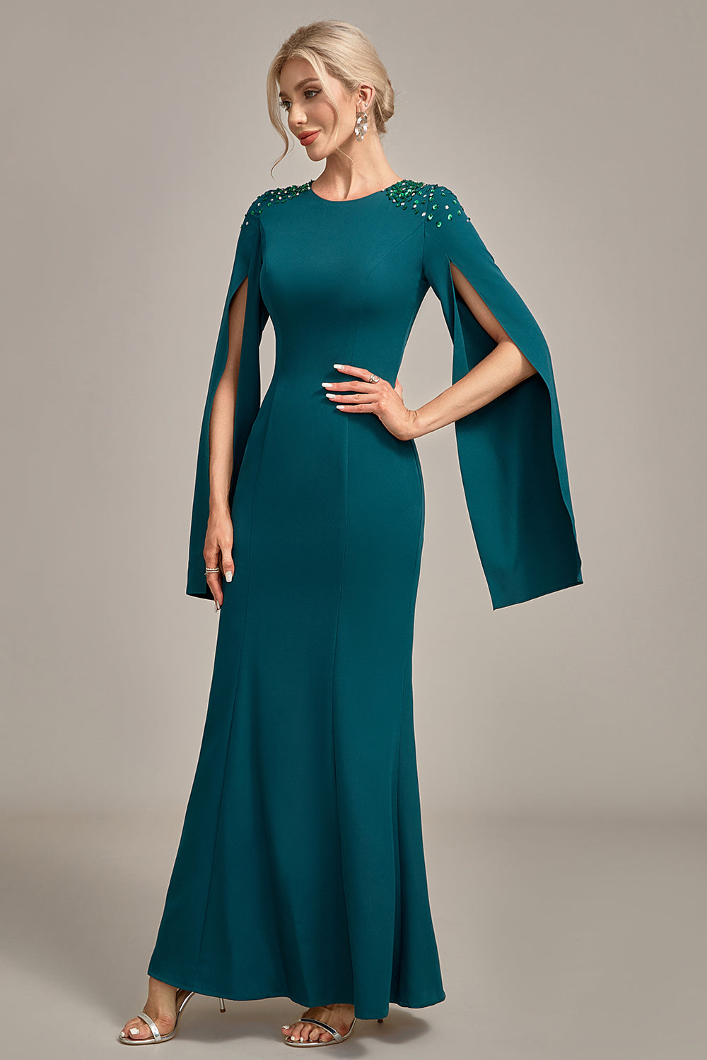Luolandi Glitter Mermaid Round Neck Mother of the Bride Dress With Long Sleeves Floor Length
