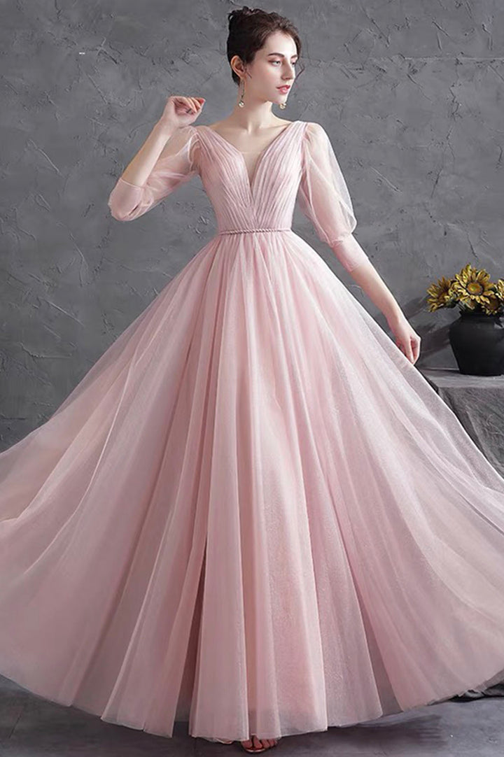 Luolandi Pink Tulle V-Neck Long Prom Dress A-Line 1/2 Sleeves Evening Dress Party Dress