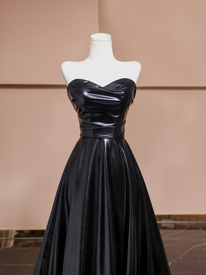 Luolandi Black Leather Long Prom Dress A-Line Strapless Evening Party Dress Off Shoulder