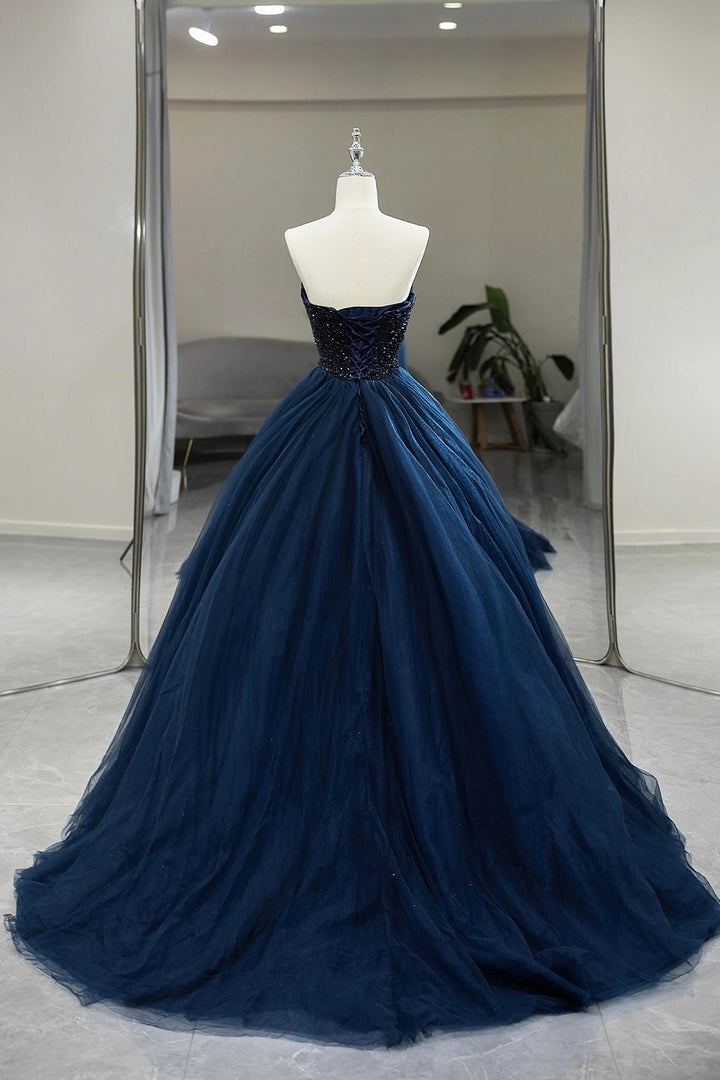 Luolandi Blue Strapless Tulle Beaded Long Prom Dress Beautiful A-Line Formal Evening Dress Sparkly
