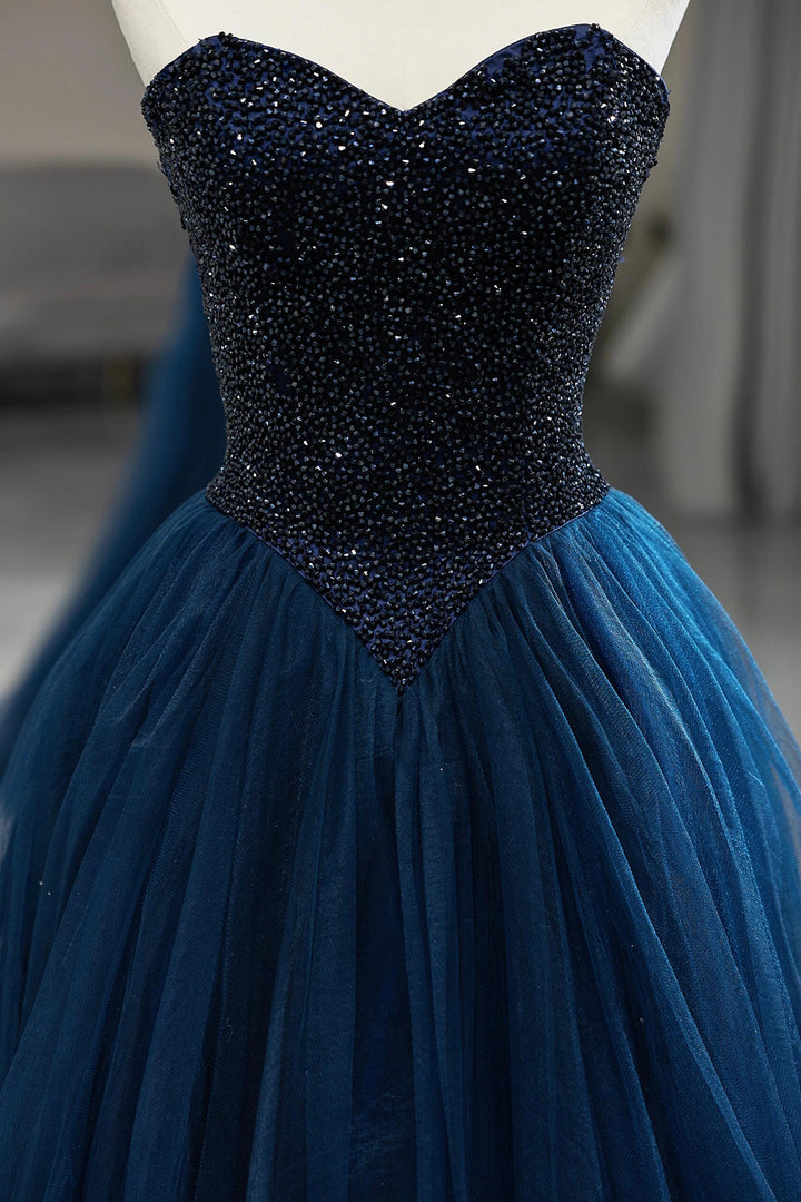 Luolandi Blue Strapless Tulle Beaded Long Prom Dress Beautiful A-Line Formal Evening Dress Sparkly