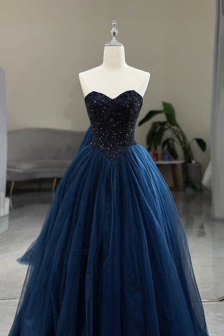 Luolandi Blue Strapless Tulle Beaded Long Prom Dress Beautiful A-Line Formal Evening Dress Sparkly