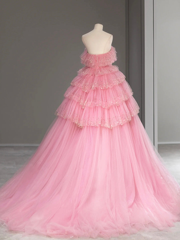 Luolandi Pink Strapless Tulle Sequins Long Formal Dress A-Line Princess Dress Sweet 16 Dress Off Shoulder