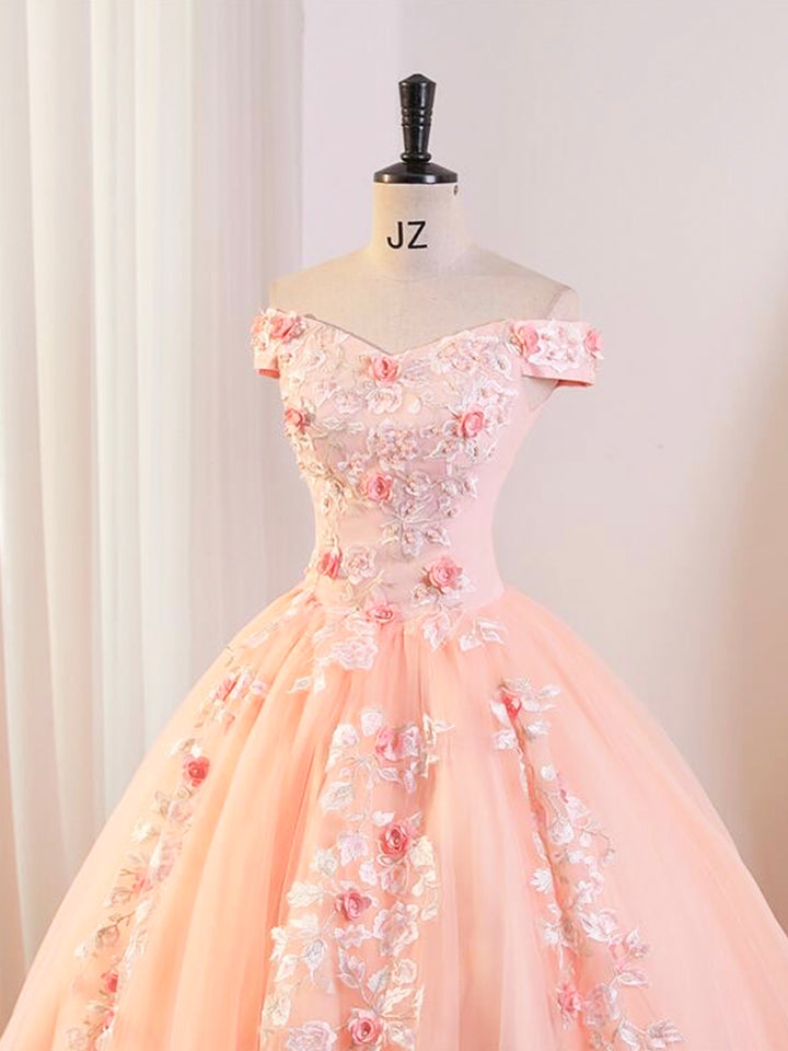 Luolandi Pink V-Neck Tulle Lace Floor Length Prom Dress Beautiful Off the Shoulder A-Line Party Evening Dress With Flowers