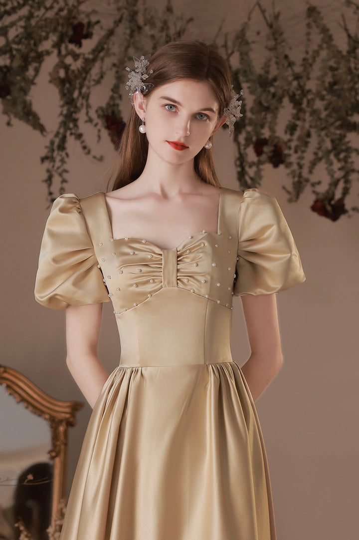 Luolandi Cute Satin Tea Length Prom Dress A-Line Short Sleeve Graduation Party Dress Sexy