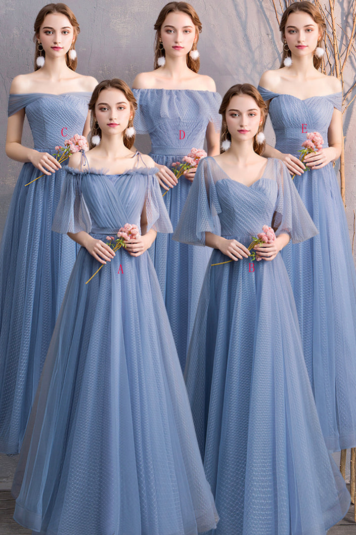 Luolandi Blue Tulle Long Prom Dresses, A-Line Bridesmaid Dresses Floor Length