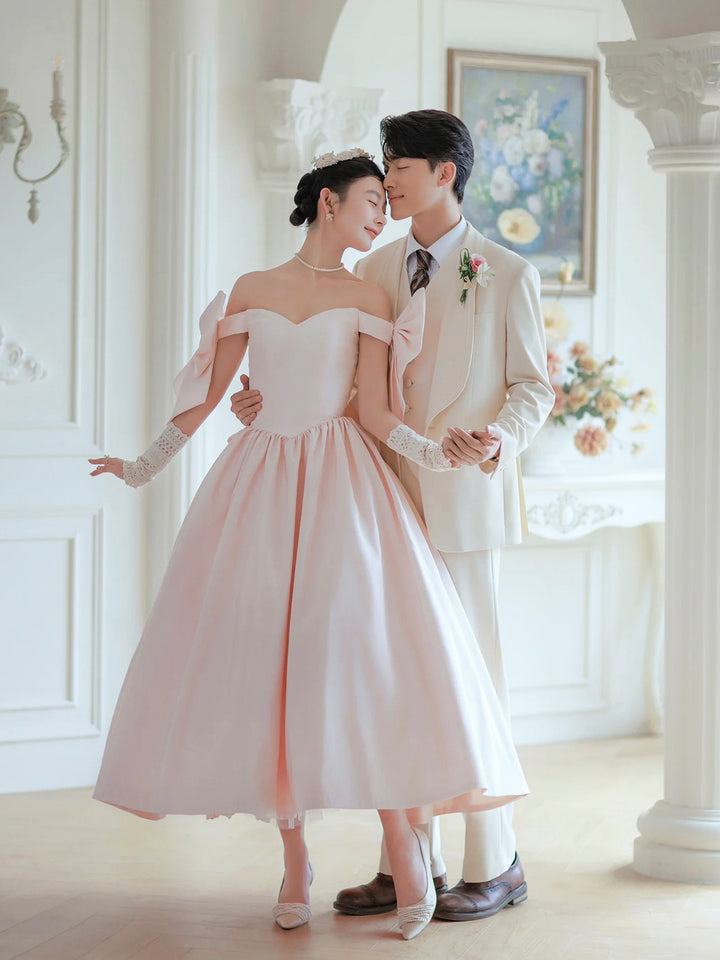 Luolandi Lovely Satin Tea Length Prom Dress Pink Off the Shoulder Evening Party Dress with Bows Sexy
