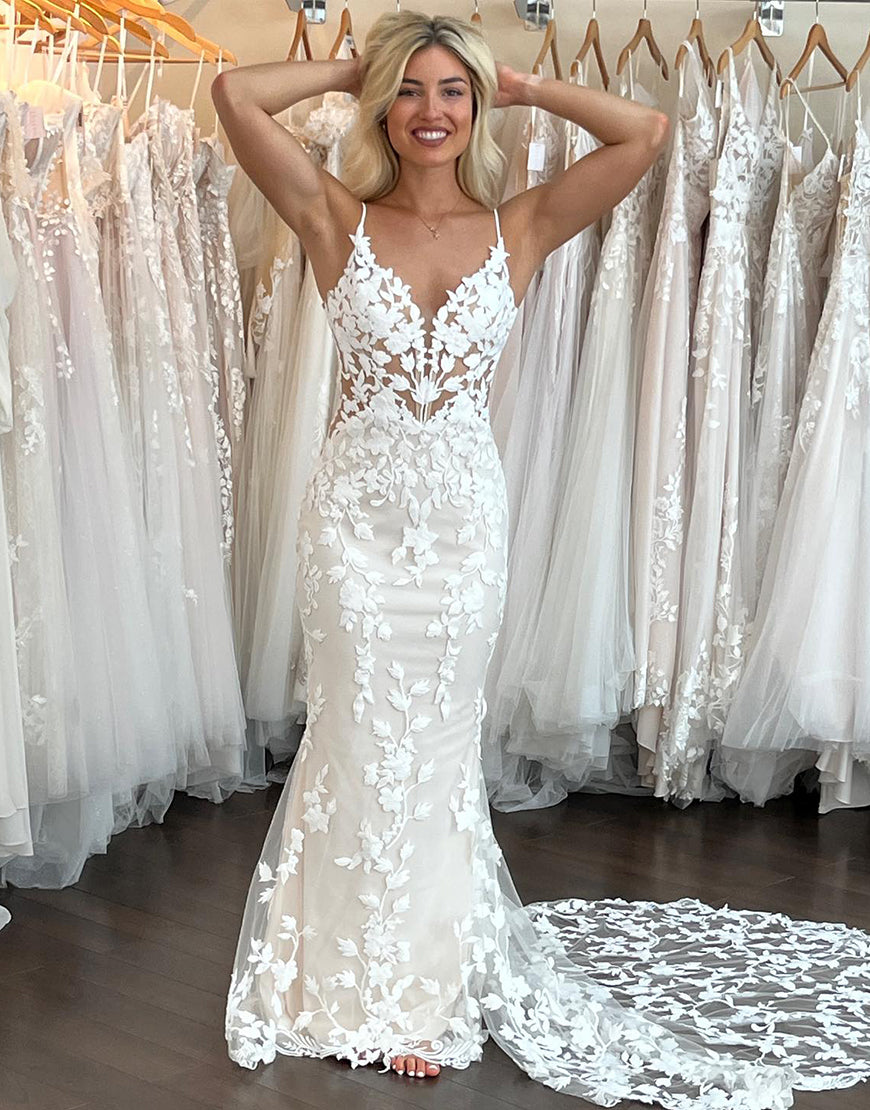 Luolandi Mermaid Spaghetti Straps Backless Sweep Train Wedding Dress V-neck Sexy