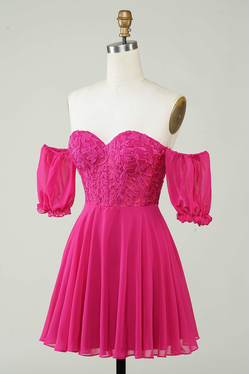 Luolandi Fuchsia A-Line CorsetChiffon Short Homecoming Dress with Lace Off Shoulder
