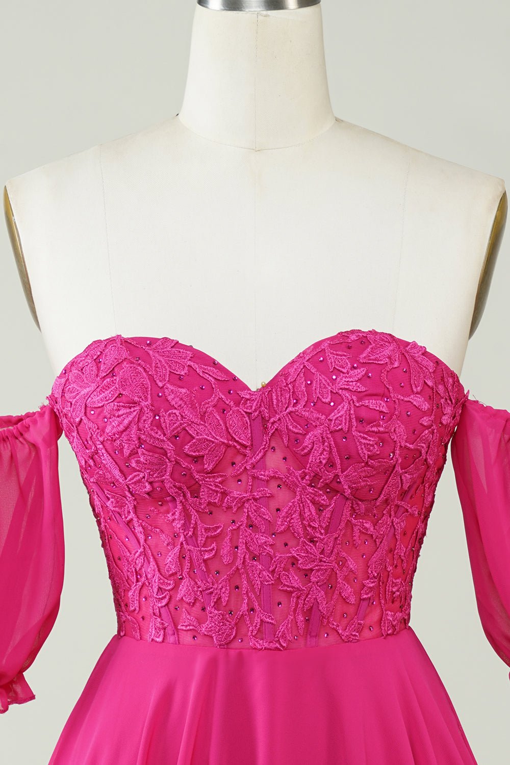 Luolandi Fuchsia A-Line CorsetChiffon Short Homecoming Dress with Lace Off Shoulder