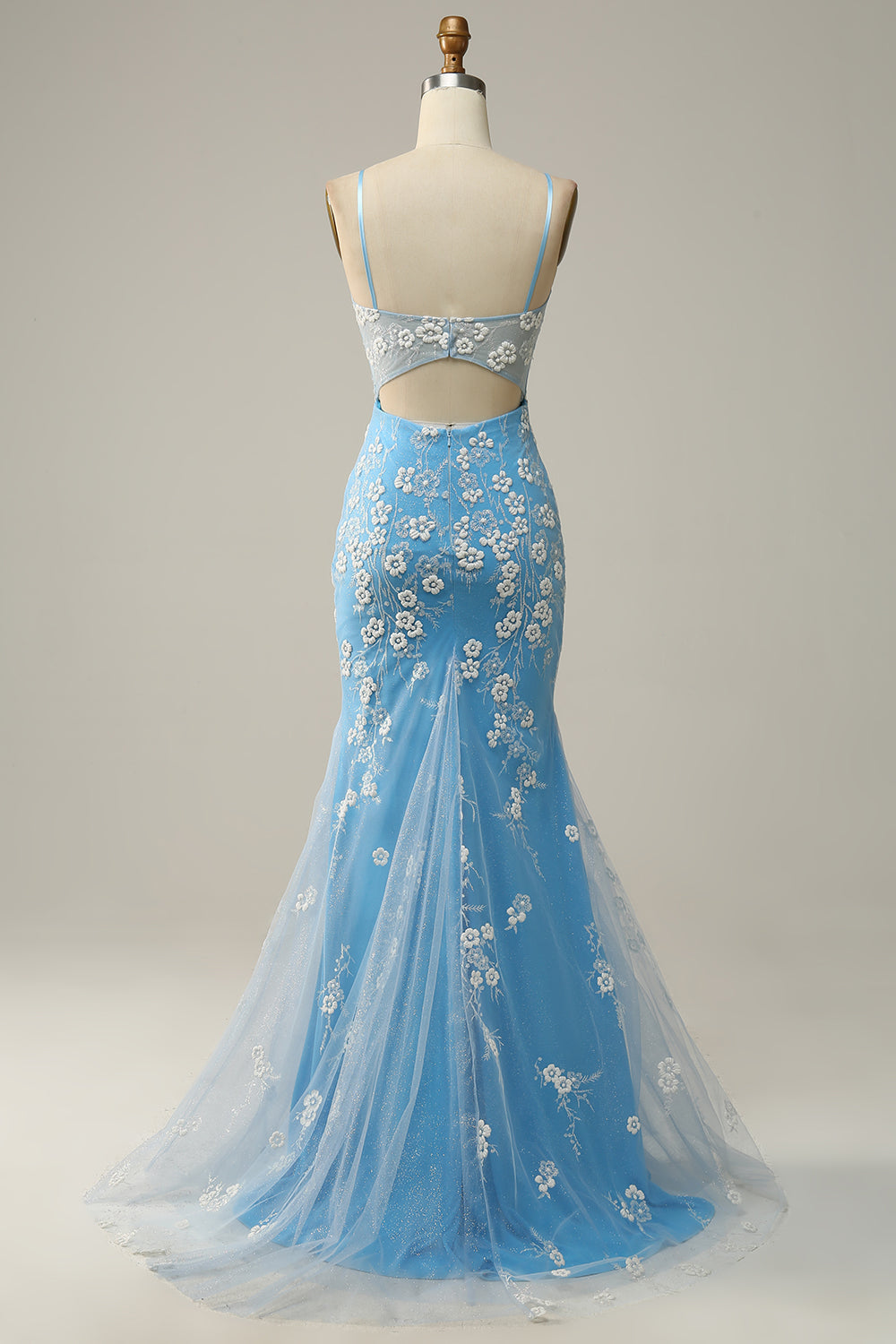Luolandi Blue Mermaid Spaghetti Straps Long Prom Dress with Appliques Floor Length With Flowers