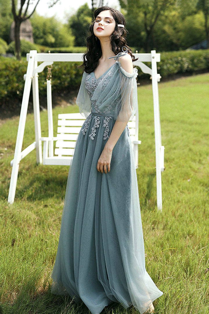 Luolandi A-Line Tulle Lace Long Prom Dress Evening Party Dress Floor Length