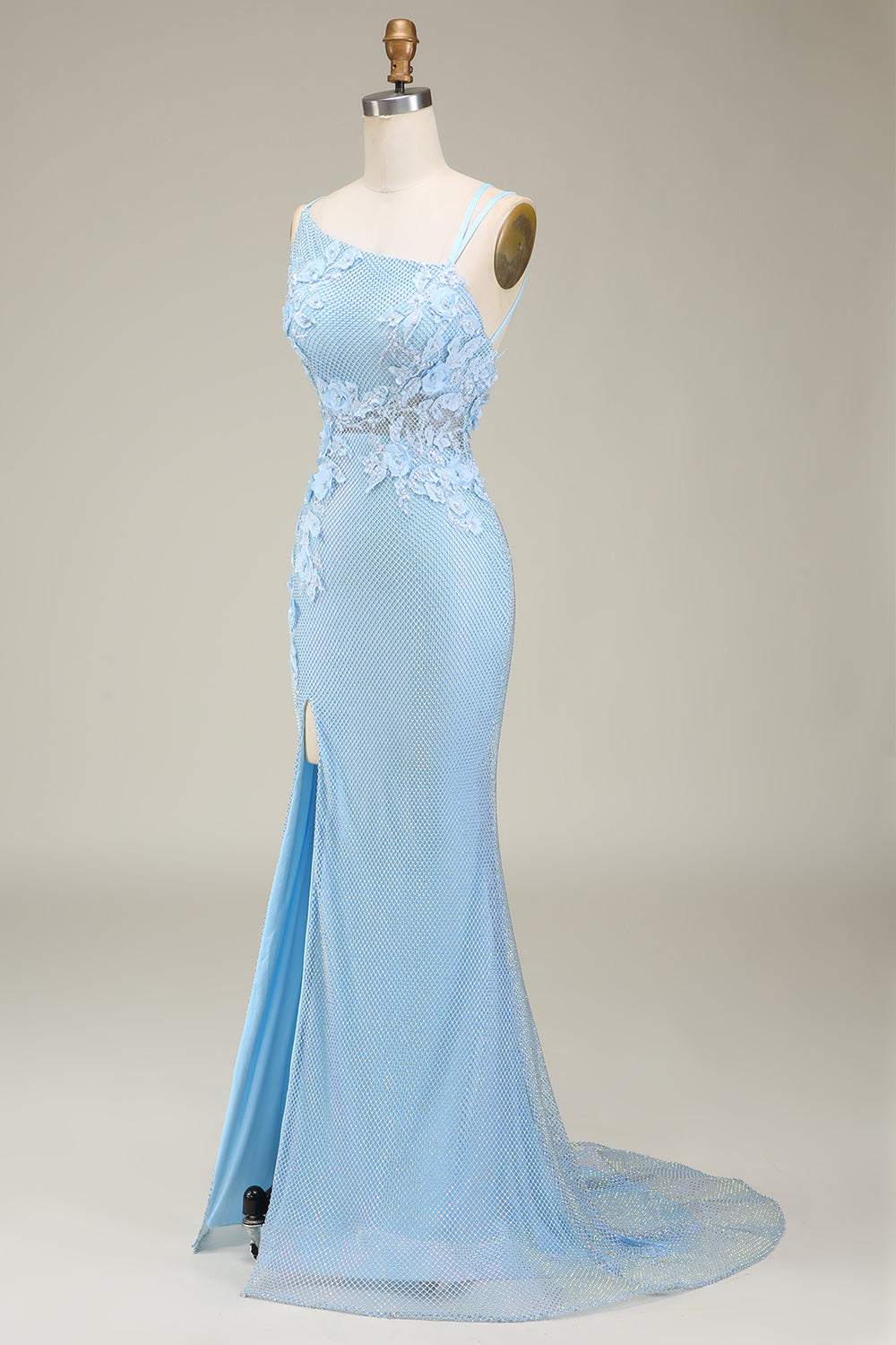 Luolandi Stylish Light Blue Mermaid Long Prom Dress with Appliques Beautiful With Slit
