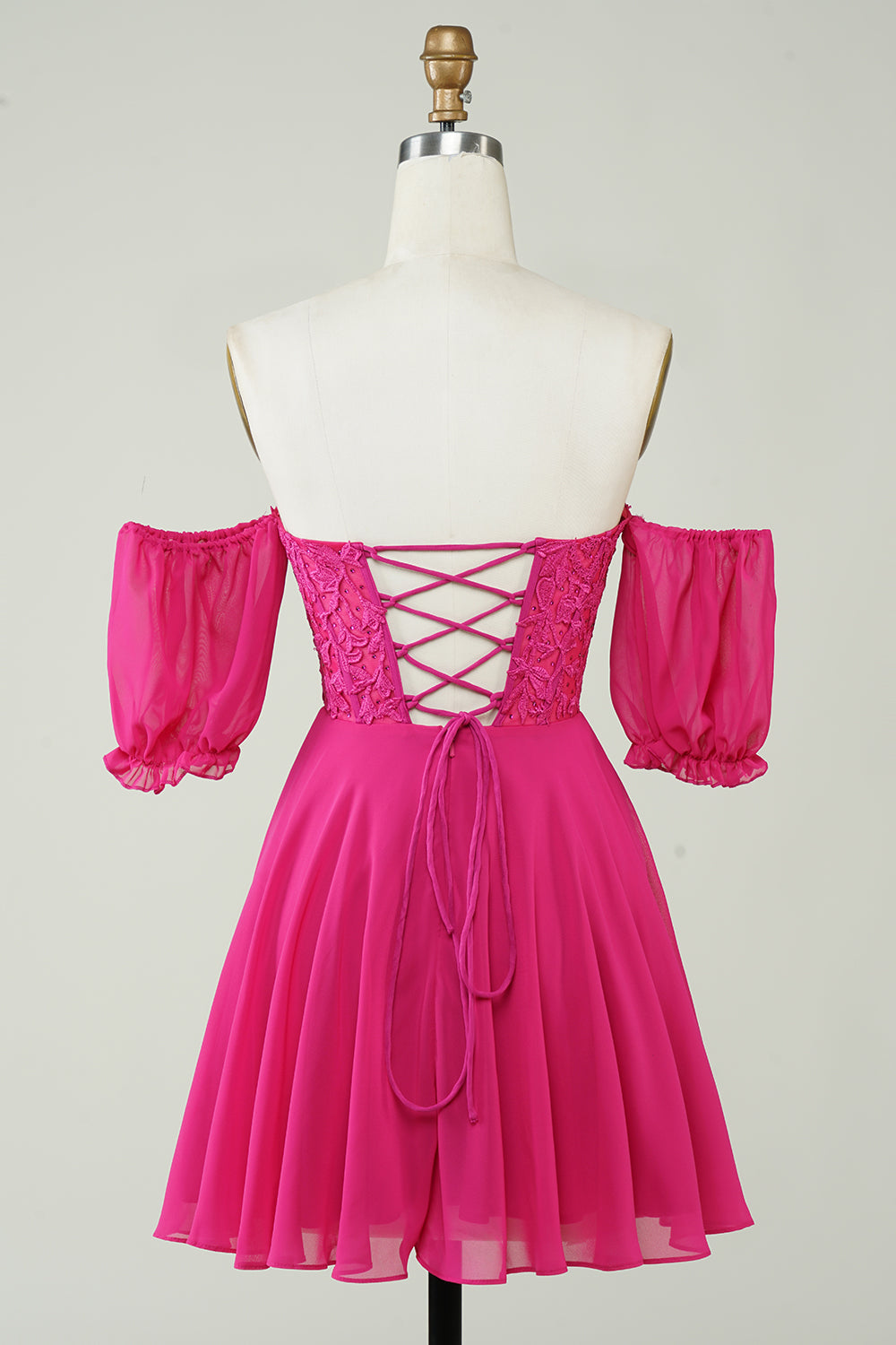 Luolandi Fuchsia A-Line CorsetChiffon Short Homecoming Dress with Lace Off Shoulder