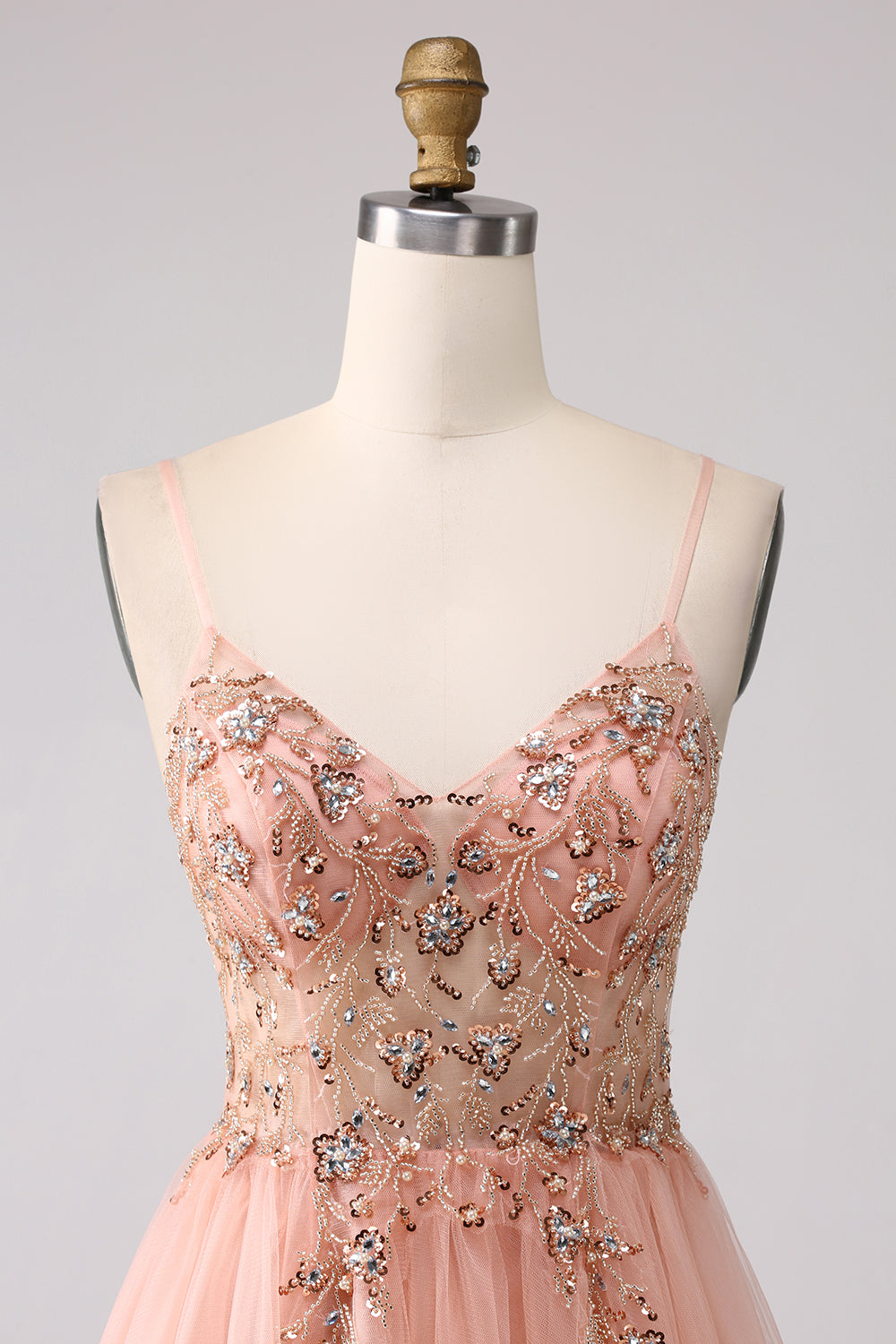 Luolandi Sparkly Blush A-Line Spaghetti Straps Beaded Long Prom Dress With Slit V-neck Sexy