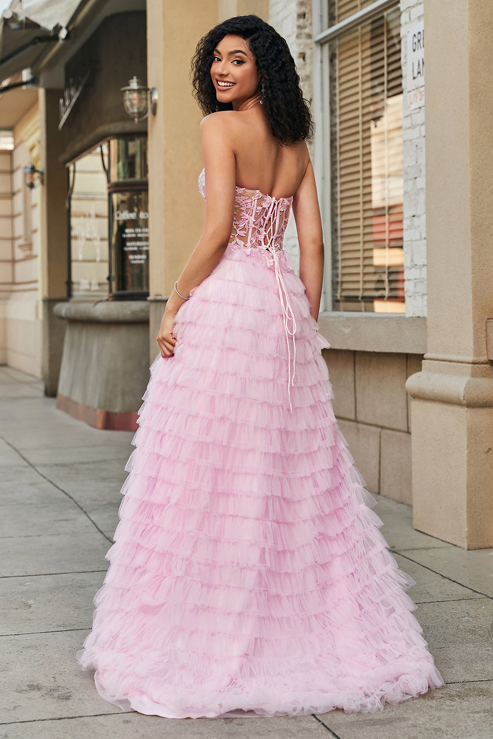 Luolandi Pink A Line Sweetheart Pleated Tiered Long Prom Dress Off Shoulder Floor Length