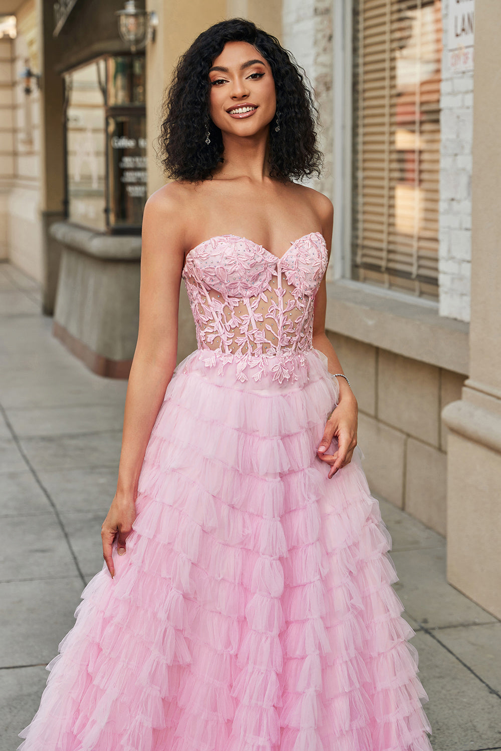 Luolandi Pink A Line Sweetheart Pleated Tiered Long Prom Dress Off Shoulder Floor Length