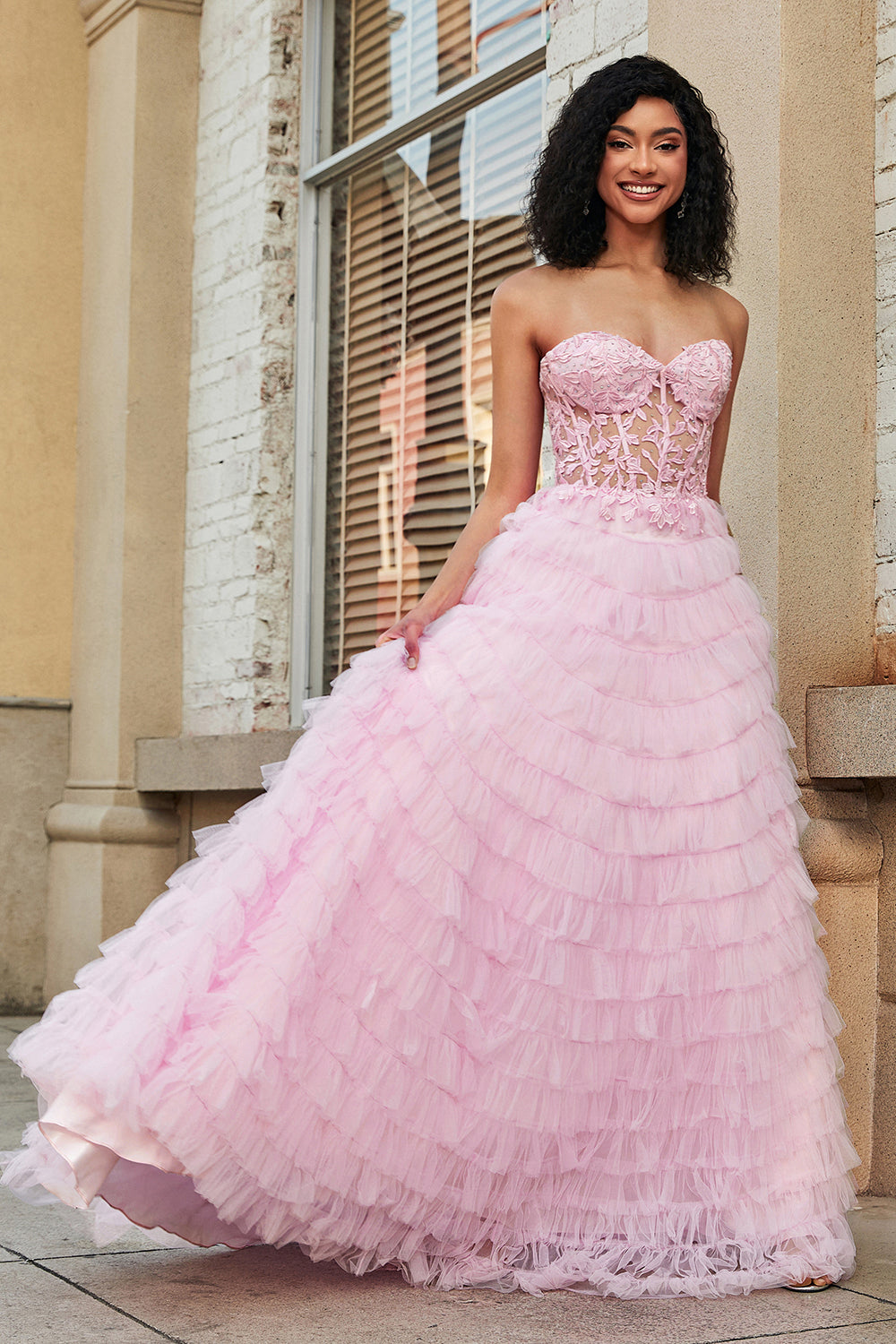 Luolandi Pink A Line Sweetheart Pleated Tiered Long Prom Dress Off Shoulder Floor Length