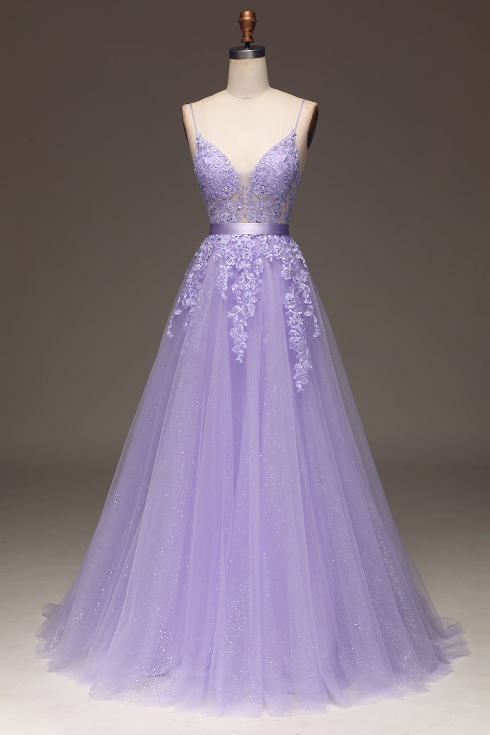 Luolandi Purple A-Line Spaghetti Straps Beaded and Tulle Prom Dress with Appliques Beautiful