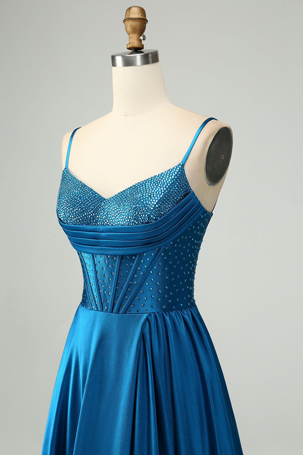 Luolandi Blue A-Line Spaghetti Straps Split Corset Prom Dress With Beading Sexy Evening Dresses