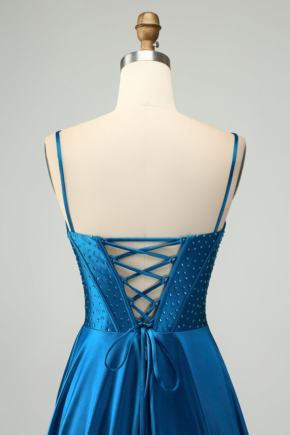 Luolandi Blue A-Line Spaghetti Straps Split Corset Prom Dress With Beading Sexy Evening Dresses