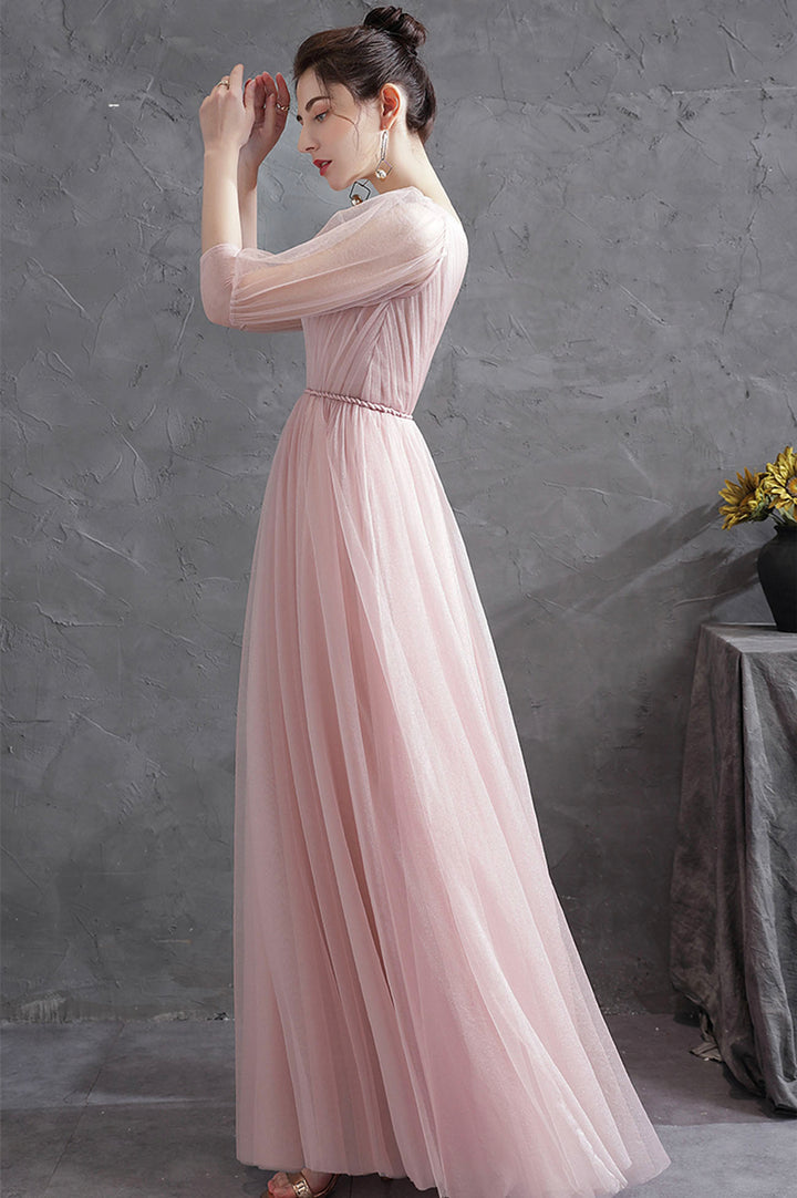 Luolandi Pink Tulle V-Neck Long Prom Dress A-Line 1/2 Sleeves Evening Dress Party Dress