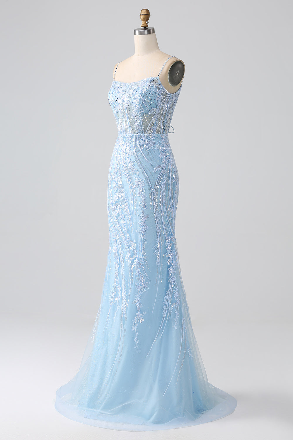 Luolandi Sparkly Sky Blue Mermaid Spaghetti Straps Corset Long Prom Dress With Sequins Beautiful
