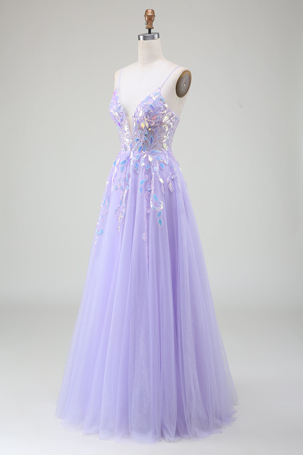Luolandi Sparkly A-Line Purple Spaghetti Straps Long Prom Dress with Sequins Sexy